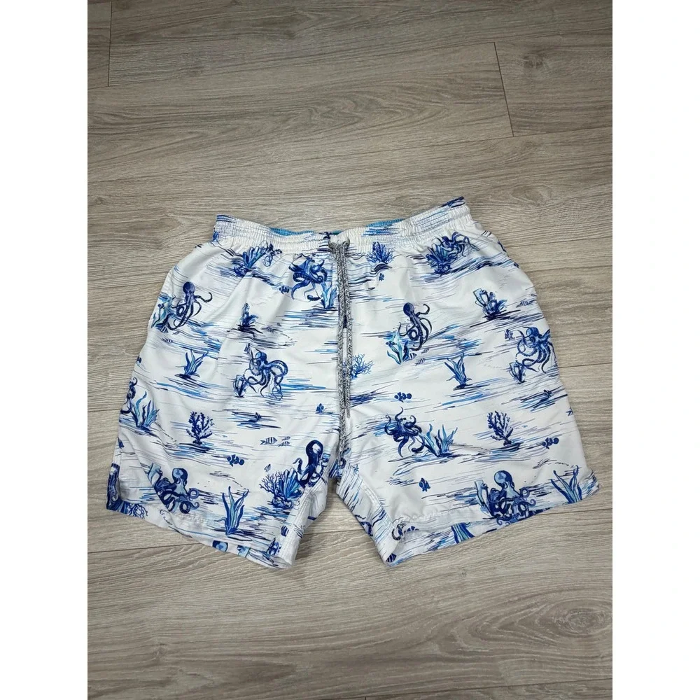 Michaels Mens XL Swim Trunks‎ Blue White Octopus Print Mesh Lined Beach Shorts